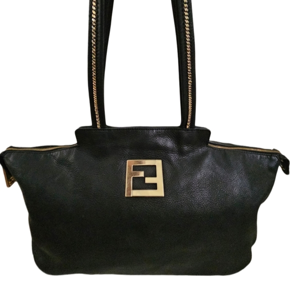 Fendi Handbags - Authentic Extra Large Fendi Black Metallic Nubuck Leather Chain Shoulder Bag